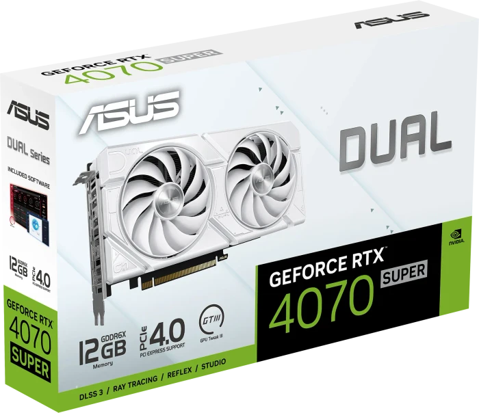 ASUS Dual GeForce RTX 4070 SUPER EVO White, DUAL-RTX4070S-12G-EVO-WHITE, 12GB GDDR6X, HDMI, 3x DP