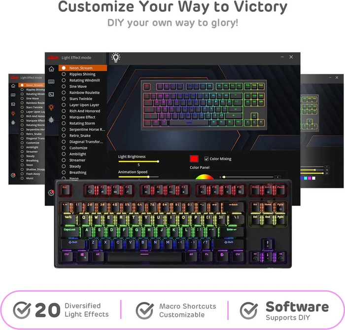 RK Royal Kludge RK87 Wireless TKL, LEDs RGB, schwarz, RK BROWN, USB, US