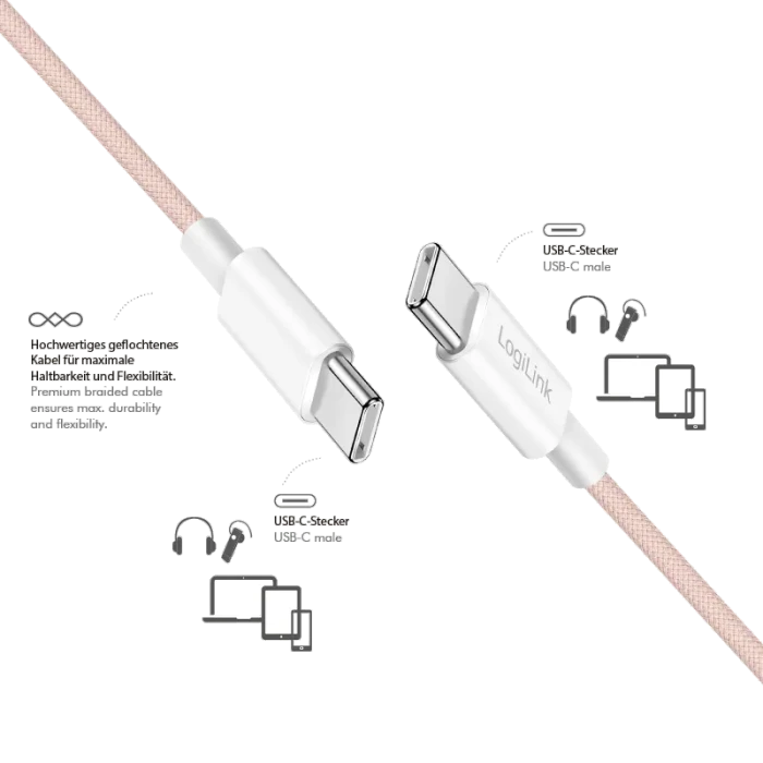 LogiLink USB-C Kabel, USB 2.0, 480Mb/s, 60W PD, USB-C Stecker auf USB-C Stecker, Nylon, pink, 1m