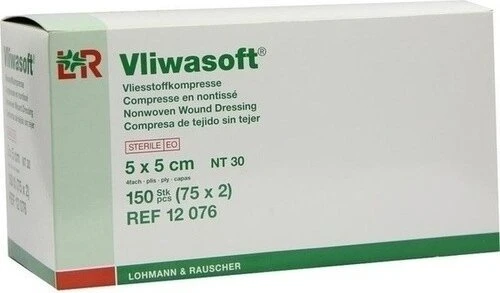 Lohmann & Rauscher Vliwasoft Vlieskompressen 4-lagig steril, 5 x 5cm, 150 Stück (75x 2 Stück)