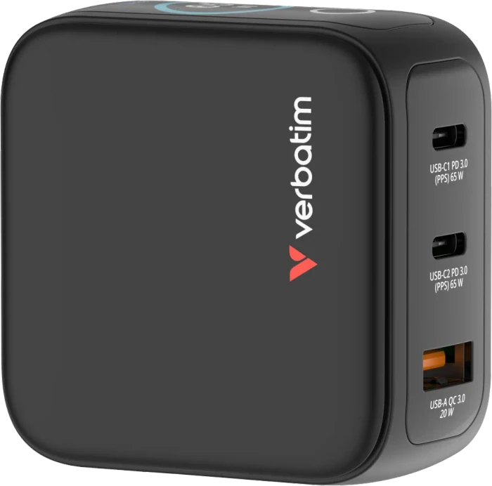 Verbatim Mini-GaN-Ladegerät mit Display 65W 3-Port schwarz
