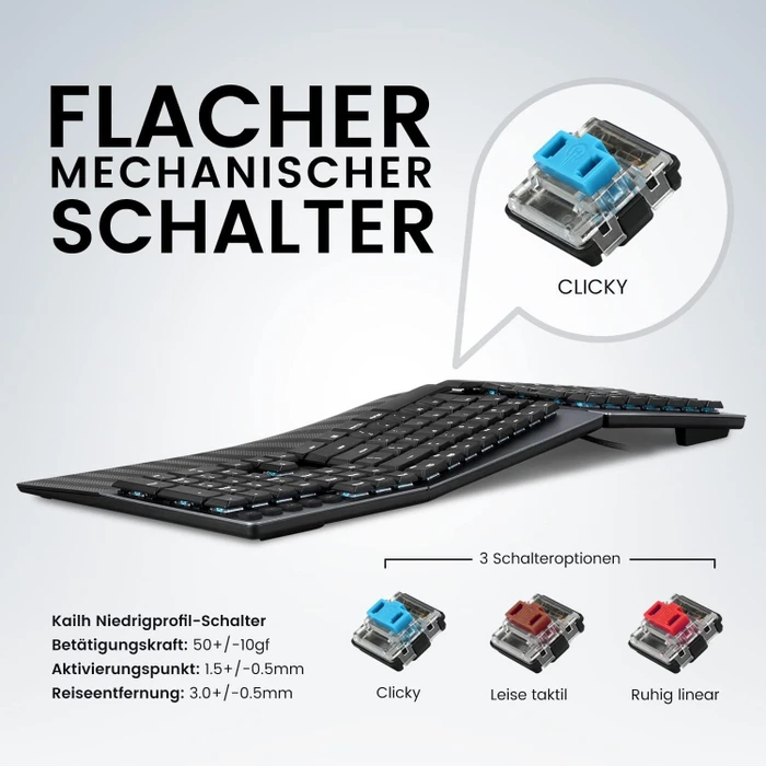 Perixx Periboard-535 Ergo, schwarz, Kailh Choc LOW PROFILE BLUE, USB, DE