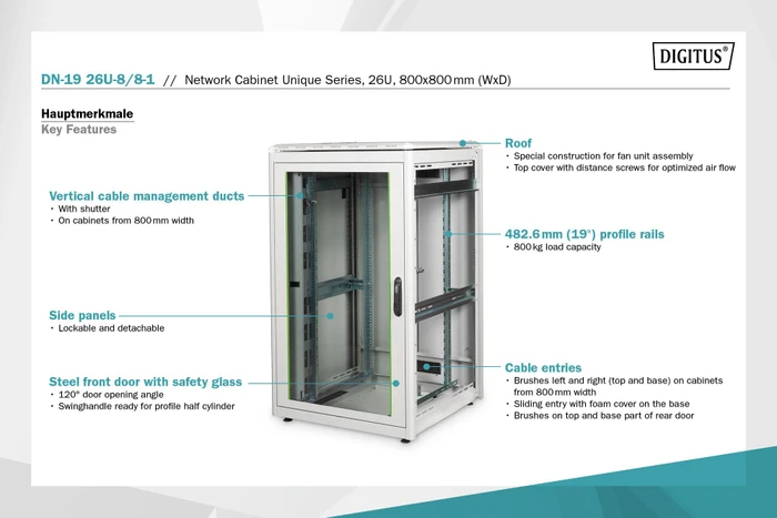 Digitus Professional Unique Serie Serverschrank 26HE, Sicherheitsglastür, IP2X, grau, 800mm tief