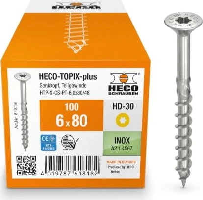 HECO TOPIX-plus Edelstahl A2 Torx T30 Holzschraube, 6x80mm, 100 Stück