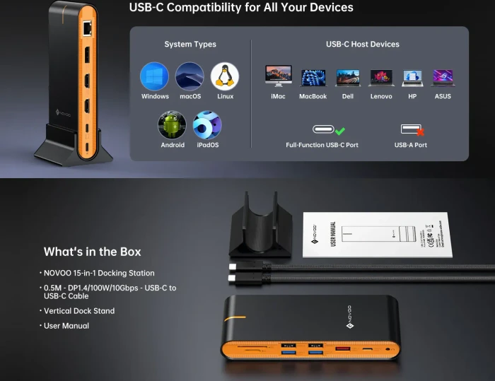 Novoo 15-in-1 Triple Display Docking Station, USB-C 3.1 [Buchse]