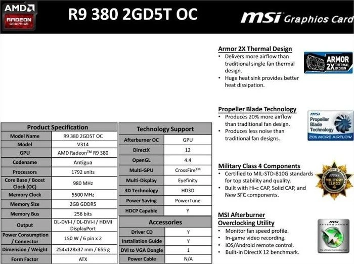 MSI Radeon R9 380, R9 380 2GD5T OC, 2GB GDDR5, 2x DVI, HDMI, DP