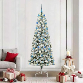 vidaXL Künstlicher Weihnachtsbaum schlank mit Schnee, 210cm, inkl. LED-Beleuchtung