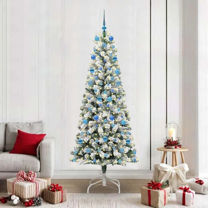 vidaXL Künstlicher Weihnachtsbaum schlank mit Schnee, 210cm, inkl. LED-Beleuchtung