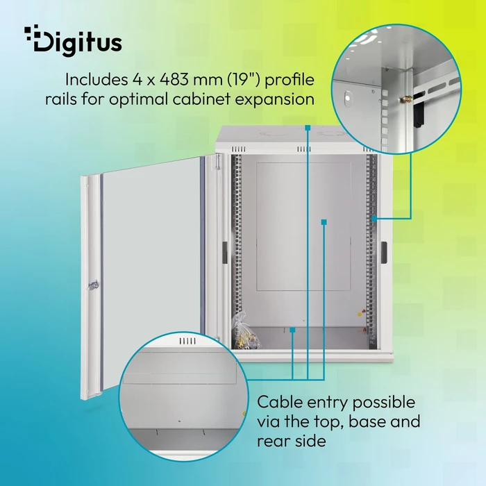 Digitus Dynamic-N Serie 19" Wandgehäuse 16HE, unmontiert, Sicherheitsglastür, IP2X, RAL 7035, 450mm tief