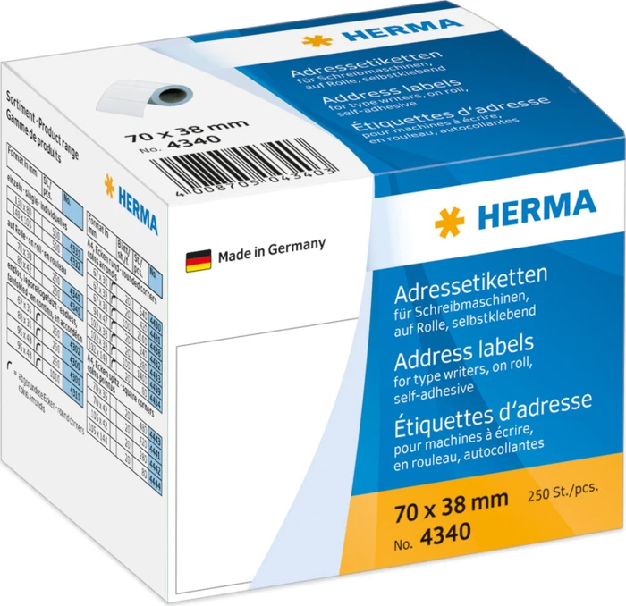 Herma Adressetiketten Schreibmaschine, 70x38mm, weiß, matt, 1er-Pack (250 Etiketten)