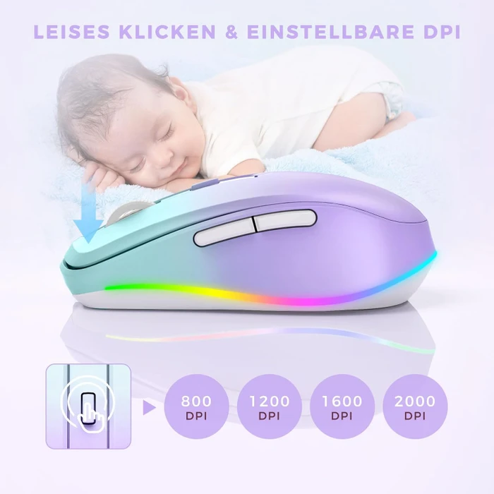 Seenda Rechargeable Wireless RGB Mouse mit Jiggler-Funktion, hellgrün/violett, USB