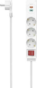 Hama Steckdosenleiste mit Schalter und Winkel-Flachstecker, 3-fach, 1x USB-A/1x USB-C 18W USB-PD/QC, 1.4m, weiß
