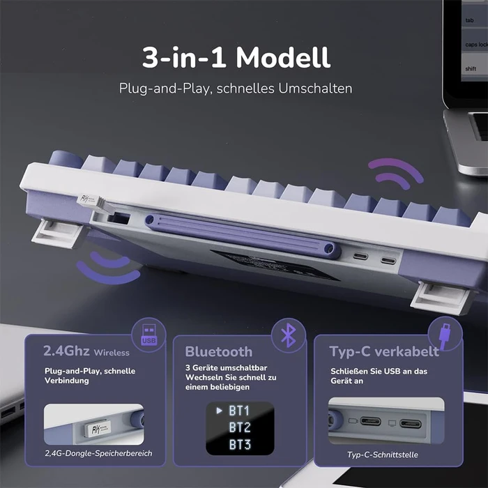 RK Royal Kludge M75 Wireless, weiß/violett, LEDs RGB, hot-swap, RK BROWN, USB/Bluetooth, DE