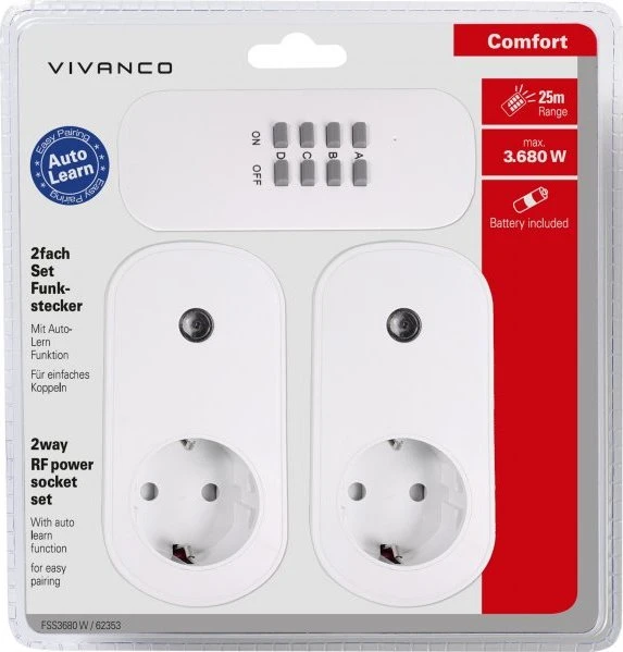 Vivanco Comfort Line Funksteckerset 3680W weiß, 2er Funksteckdosen-Set mit Fernbedienung