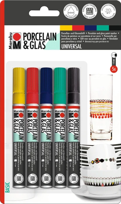 Marabu Porzellan & Glas Basic 1-2mm sortiert, 5er-Set