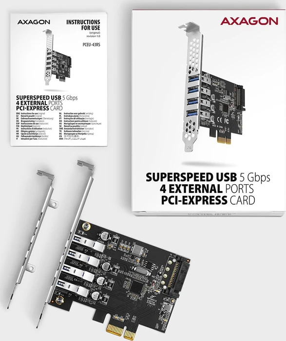 Axagon 4x USB-A 3.0, PCIe 2.0 x1