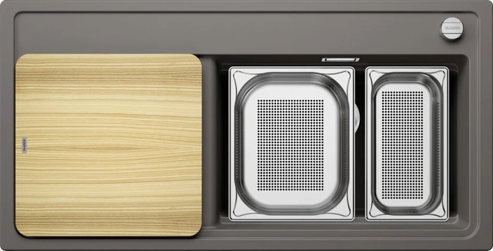 Blanco Zenar XL 6 S DampfgarPlus InFino Becken rechts mit Ablauffernbedienung vulkangrau inkl. Holzschneidebrett