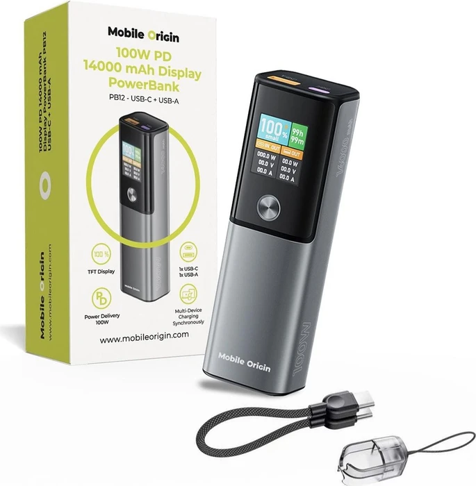 Mobile Origin Powerbank mit Display USB-C + USB-A 14000mAh 100W grau/schwarz