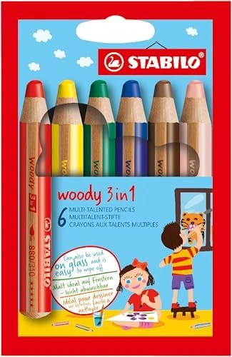 STABILO Woody 3in1 mit 5 Schablonen Wachsmalstift sortiert, 6er-Set