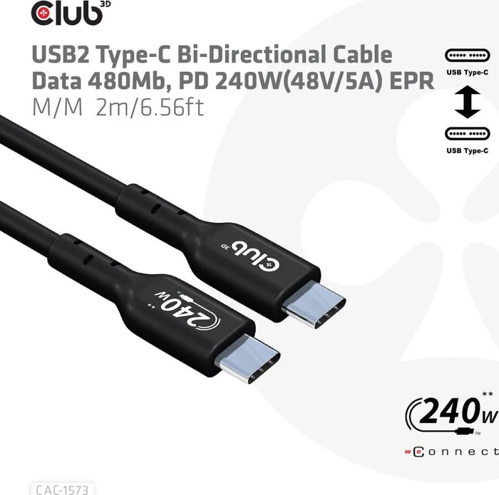 Club 3D USB-C 2.0 Kabel, 480Mb/s, 240W PD EPR, USB-C 2.0 Stecker auf USB-C 2.0 Stecker, 2m