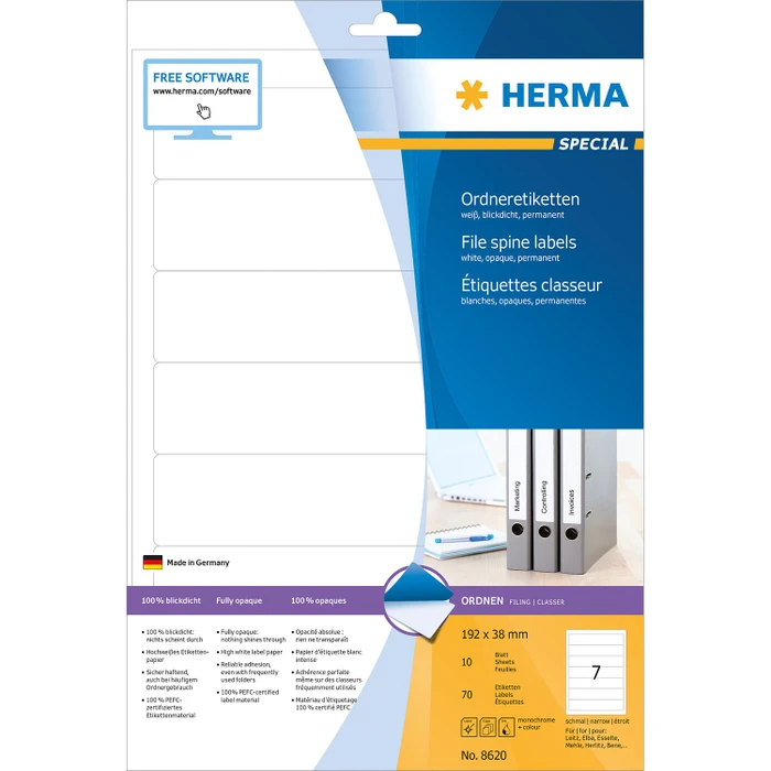 Herma Ordneretiketten, 192x38mm, weiß, matt, 10 Blatt (70 Etiketten)