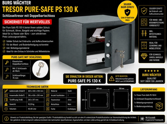 Burg-Wächter Pure-Safe PS 130 K Tresor, Schlüsselschloss