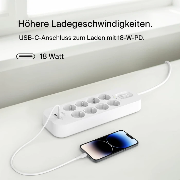 Belkin Connect V2 Überspannungsschutz, 8-fach, mit Schalter, 1x USB-A/1x USB-C, 2m, weiß