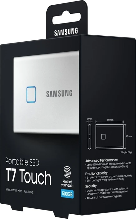 Samsung Portable SSD T7 Touch, Metallic Silver, 500GB, USB-C 3.1