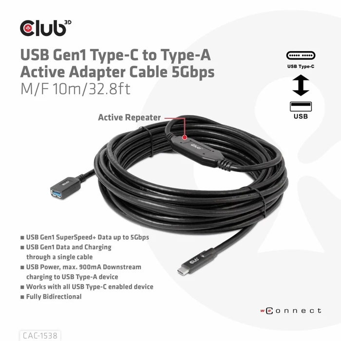 Club 3D USB-C 3.0 Kabel, aktiv, 5Gb/s, USB-C 3.0 Stecker auf USB-A 3.0 Buchse, 10m