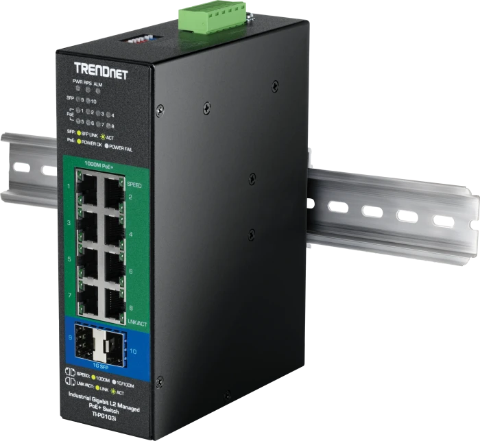 TRENDnet TI Hardened Industrial Railmount Gigabit Switch, 8x RJ-45, 2x SFP, 240W PoE+