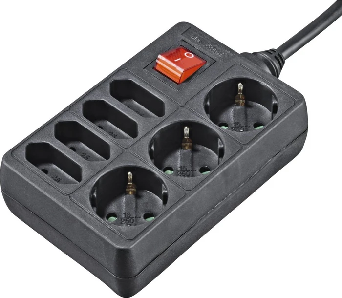 Hama Steckdosenleiste mit Schalter, 3-fach Schuko, 4-fach Euro, 7-fach, 1.4m, schwarz