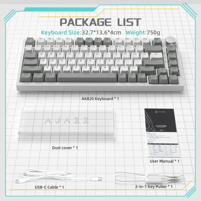 Ajazz AK820, Grey & White, LEDs weiß, hot-swap, AS RED, USB, US