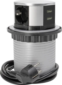 Kopp Steckdosenturm zum Möbeleinbau mit 2x USB, 3-fach, 1.4m, silber/schwarz