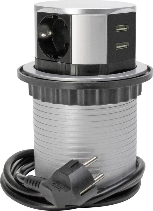 Kopp Steckdosenturm zum Möbeleinbau mit 2x USB, 3-fach, 1.4m, silber/schwarz