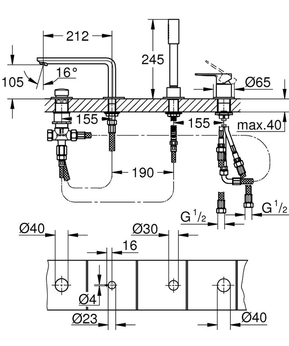 Grohe Lineare 4-Loch Einhand-Wannenkombination chrom