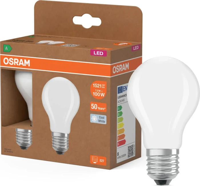 Osram Ledvance LED Classic A 100 Filament 7.2W/840 E27 Frosted, 2 Stück