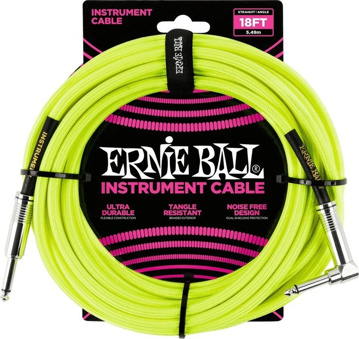 Ernie Ball 18' Braided Straight/Angle Instrument Cable Neon Yellow