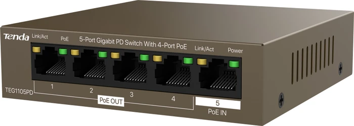 Tenda TEG1100 Desktop Gigabit Switch, 5x RJ-45, 30W PoE+ PD