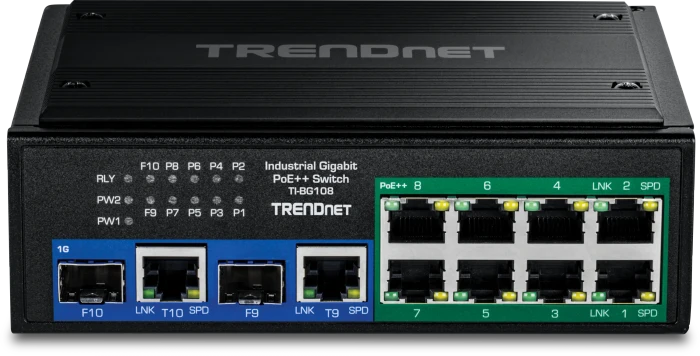 TRENDnet TI Hardened Industrial Railmount Gigabit Switch, 8x RJ-45, 2x RJ-45/SFP, 400W PoE++