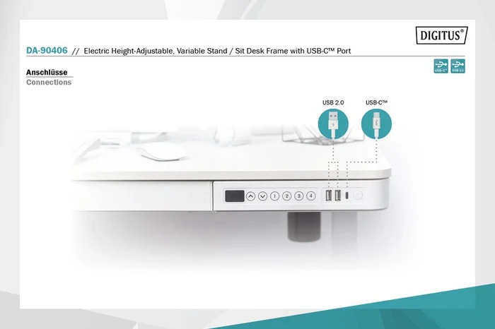 Digitus elektrisch höhenverstellbarer Sitz-Steh-Schreibtisch mit USB-Ladestation 120x60cm weiß/weiß