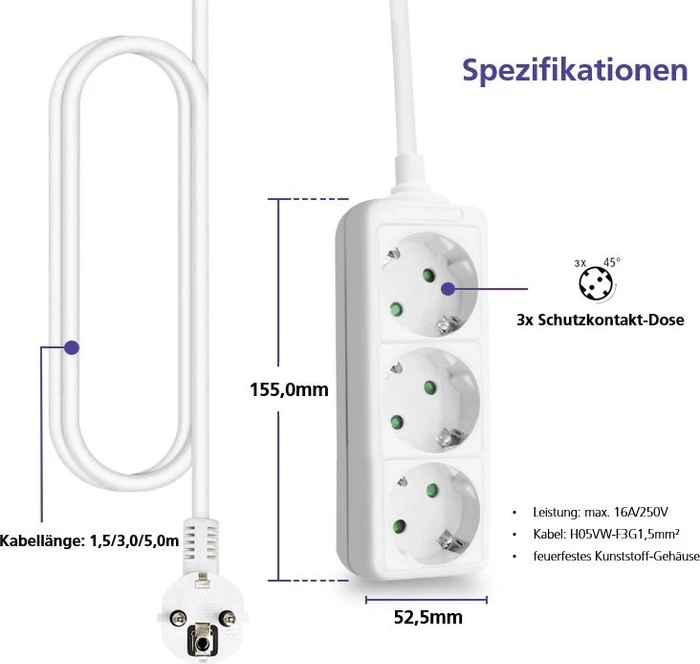 Helos CLASSIC Steckdosenleiste, 3-fach, 5m, weiß