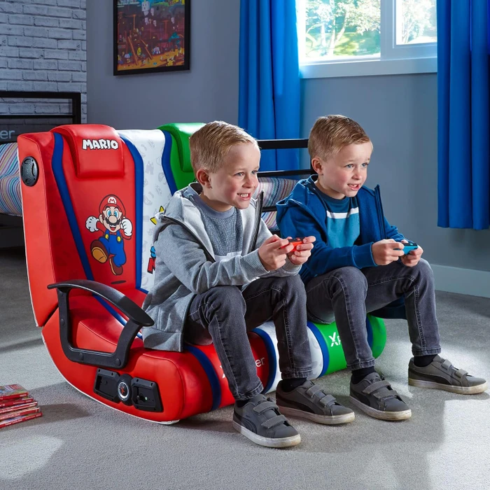 X Rocker Nintendo Super Mario Dual 2.1 Floor Rocker Doppel-Gamingstuhl, rot/weiß/grün