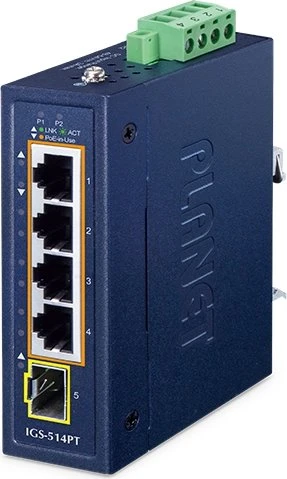 Planet IGS-514PT Industrial Railmount Gigabit Switch, 4x RJ-45, 1x SFP, 120W PoE+