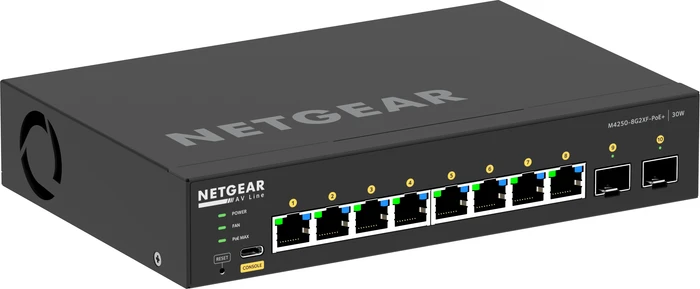 Netgear AV Line M4250 Desktop Gigabit Managed Switch, 8x RJ-45, 2x SFP+, 220W PoE+