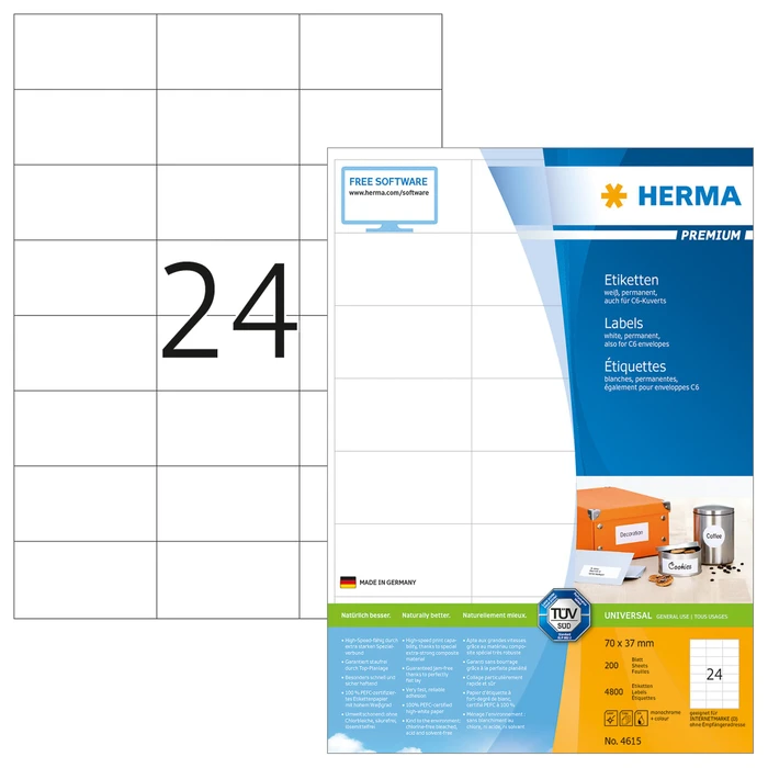 Herma Etiketten Premium, 70x37mm, weiß, matt, 200 Blatt (4800 Etiketten)