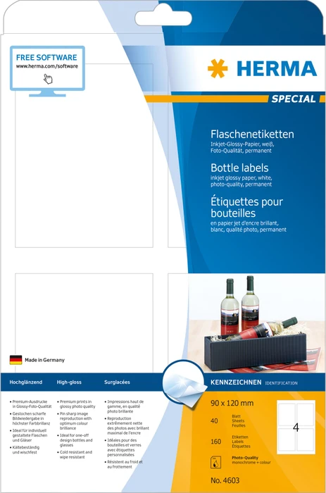 Herma Flaschenetiketten Inkjet, 90x120mm, weiß, glänzend, 40 Blatt (160 Etiketten)