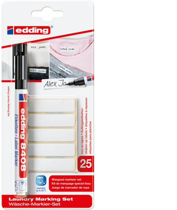 edding 8408 Wäschemarkierset mit 25 Aufbügeletiketten schwarz, Blister