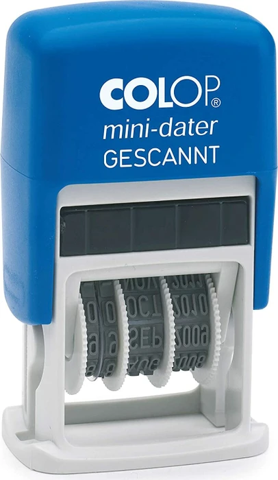 COLOP Mini-Dater S160/L6 Datumstempel mit Textplatte GESCANNT, 25x12mm, Monat in Buchstaben, blau