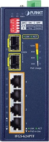 Planet IFGS Industrial Railmount Managed Switch, 4x RJ-45, 2x SFP, 120W PoE+