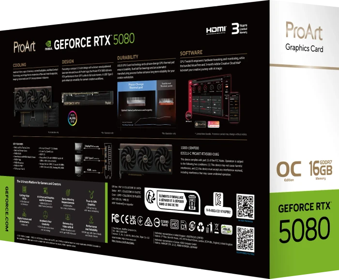 ASUS ProArt GeForce RTX 5080 OC Edition, PROART-RTX5080-O16G, 16GB GDDR7, HDMI, USB-C, 2x DP